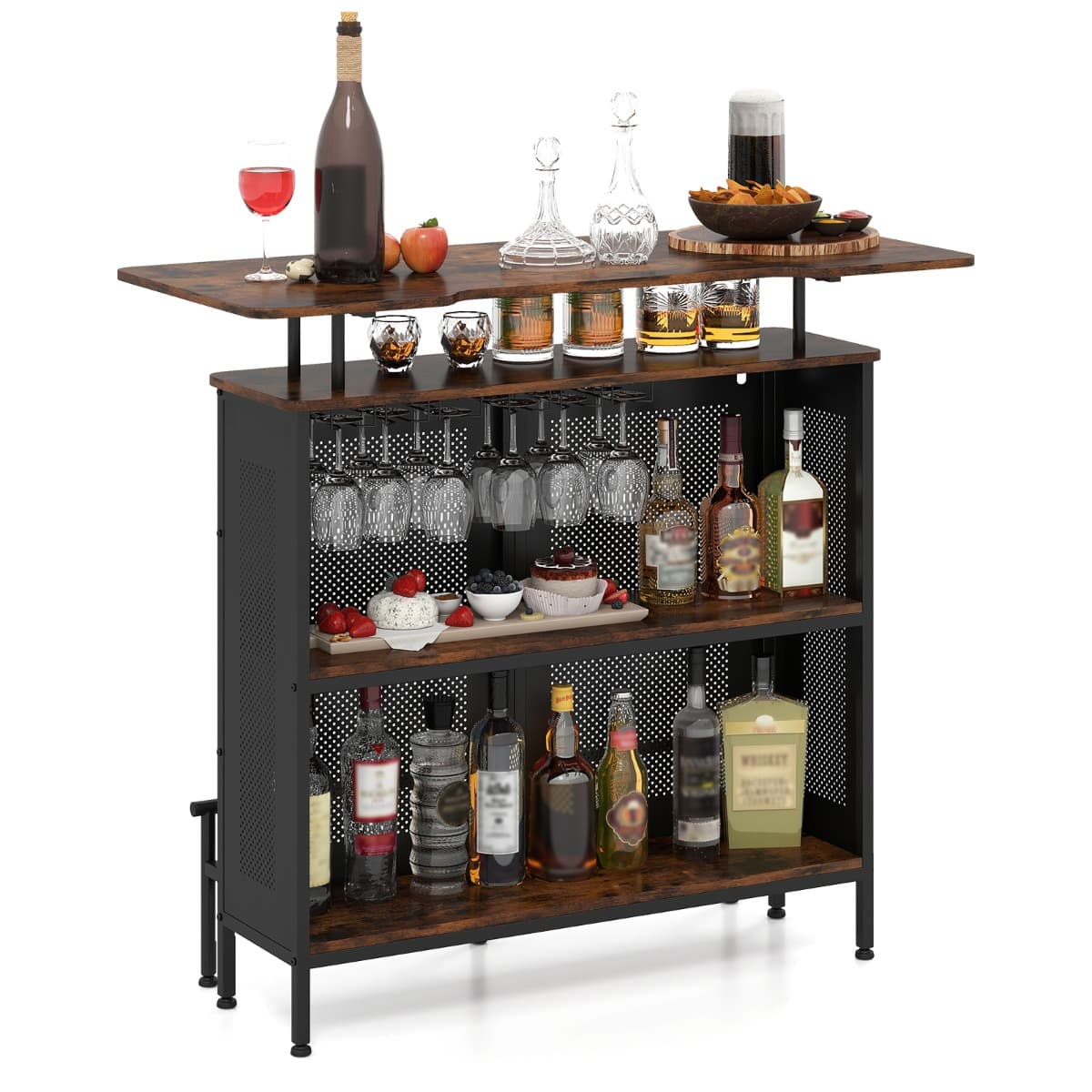 CostwayTable de Bar à Domicile à 4 Niveaux Armoire de Bar avec 2 Étagères pour Vin et 6 Supports de Verres Repose-pieds en Métal 7 Pieds Réglables