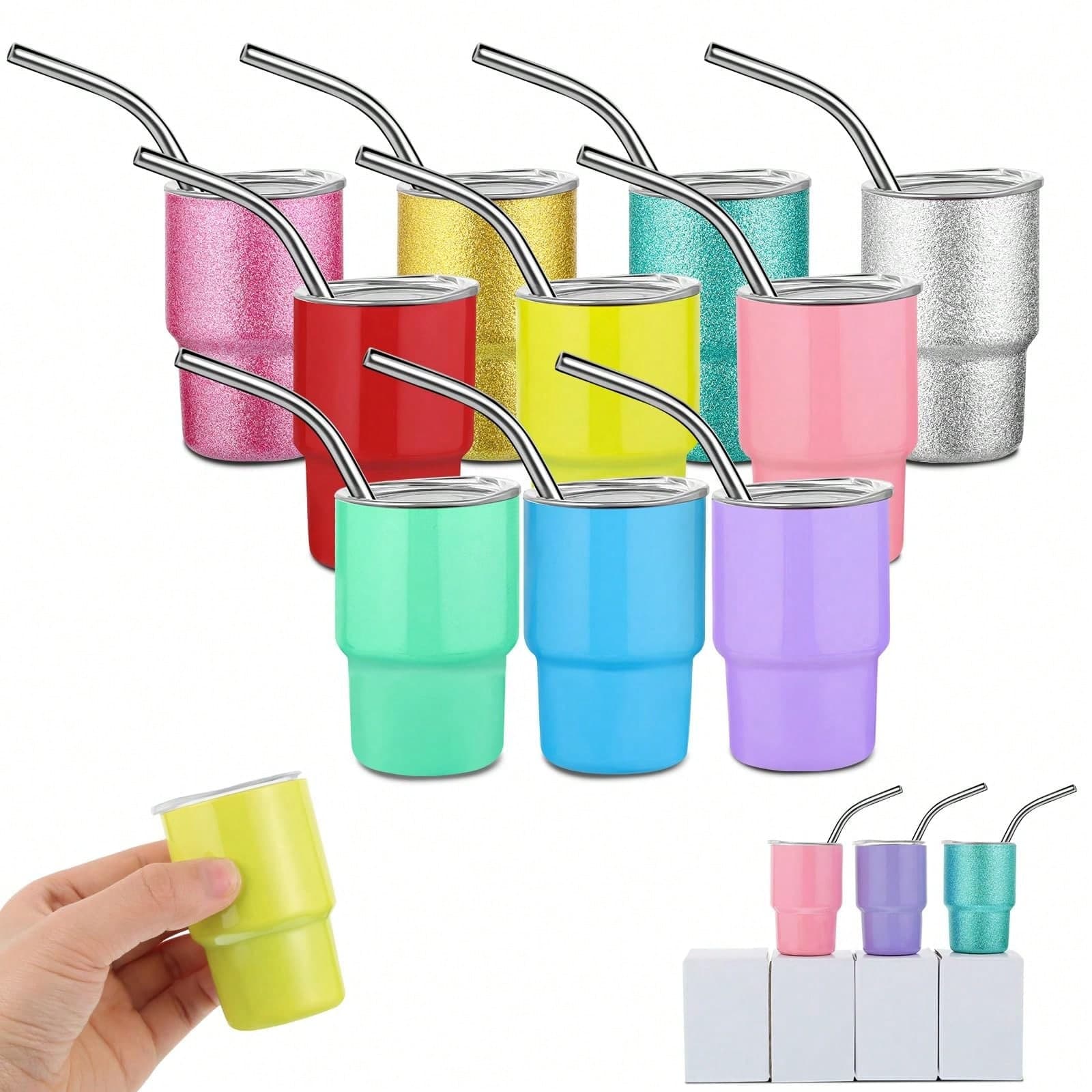 1 pièce Aléatoire Mini Gobelets à Liqueur avec Couvercles et Pailles, Ensemble de Gobelets en Verre de Sublimation de 2oz Tumbler en Acier